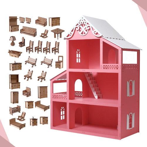 Casa Casinha Polly Mdf Pintada + Kit Mini Móveis