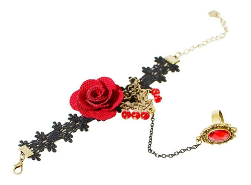 Pulsera Encaje Choker Con Anillo Flor Roja Gótico Para Mujer