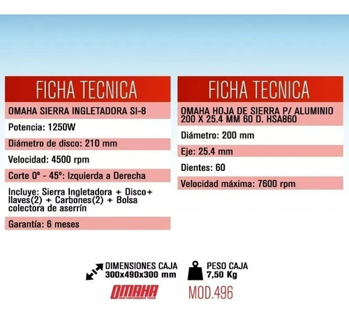 Imagen 3 de 10 de Sierra Ingletadora Omaha 210mm 1250w 8.1/4'' Inclinable 45°