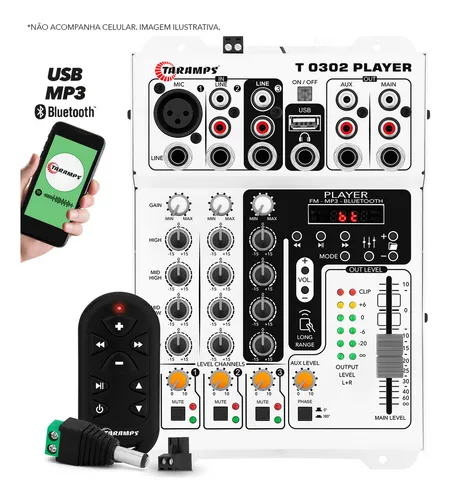 Mesa De Som Player Automotivo 3 Canais Taramps T0302 Player Equalizador Mp3 Usb FM Bluetooth 12V 0302