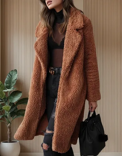 Abrigo Pare Mujer Sherpa Solapa De Larga Top Felpa Invierno