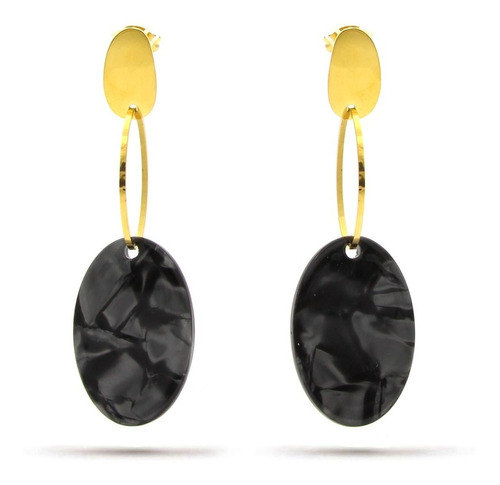 Aretes Acero Dorado Ovalado Colgante Marmoleado Negro Eg