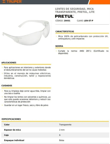 Imagen 2 de 7 de Anteojos Gafas De Seguridad Proteccion Lente Ocular Truper