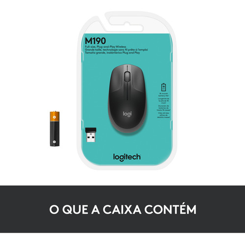 Mouse Sem Fio Logitech M190 Com Pilha Inclusa - Cinza Cinza