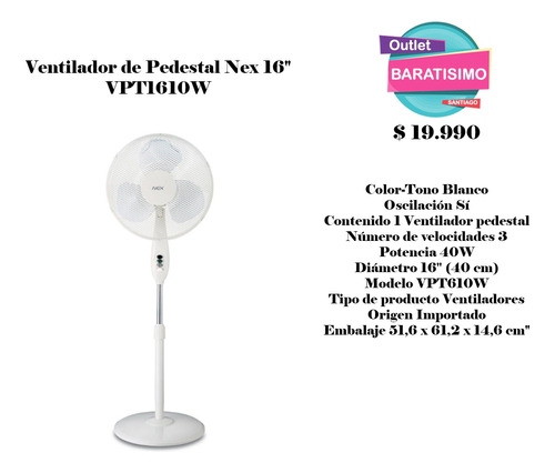 Ventilador De Pedestal Nex 16  Vpt1610w