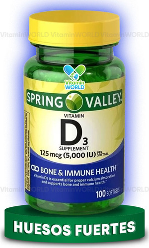 Vitamina D3 Spring Valley | 5000 Ui 125 Mcg | 100 Softgels Sabor Sin Sabor