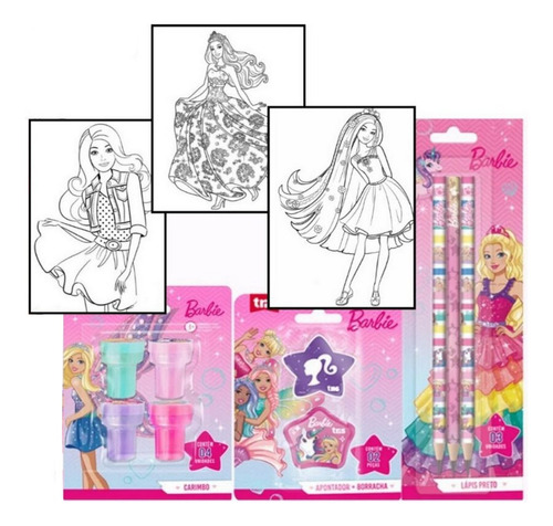 Material Escolar Fofo Completo Barbie Desenho Colorir Menina