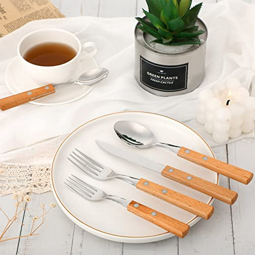 40 Piezas Mango De Madera Cubiertos De Plata Conjunto Mango