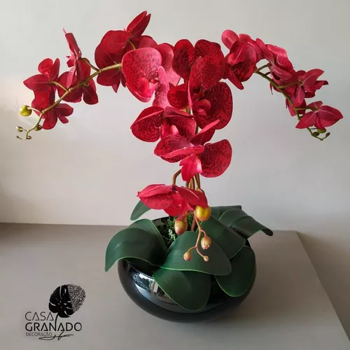 Arranjo De Orquídea Vermelha 3 Hastes No Vaso Vidro Preto