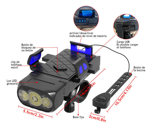 Luz Bicicleta Led 4 En 1 Lámpara De Luces Recargable Kit