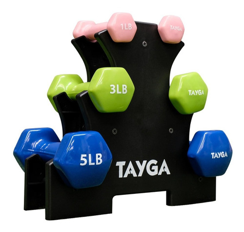 Set Pesas Mancuernas Vinil De 1,3,5 Lb Con Rack Tayga Color Negro