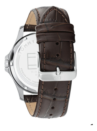 Reloj Tommy Hilfiger En Piel Café 1791449 Hombre 45 Mm Bisel Plateado Fondo Azul Acero