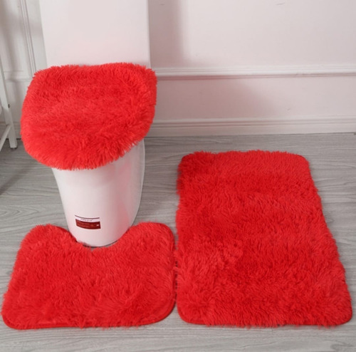 Jogo De Conjunto De Banheiro 3 Peças Peludo Luxo Oferta. Cor Vermelho