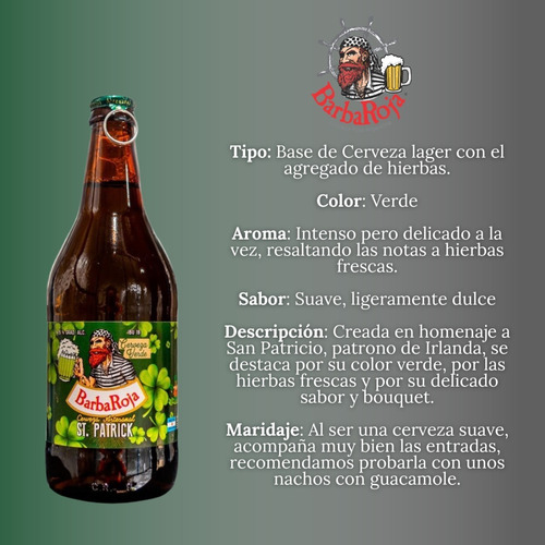 Imagen 2 de 10 de Cerveza Barba Roja Verde San Patricio Pack X 12 X 500ml.