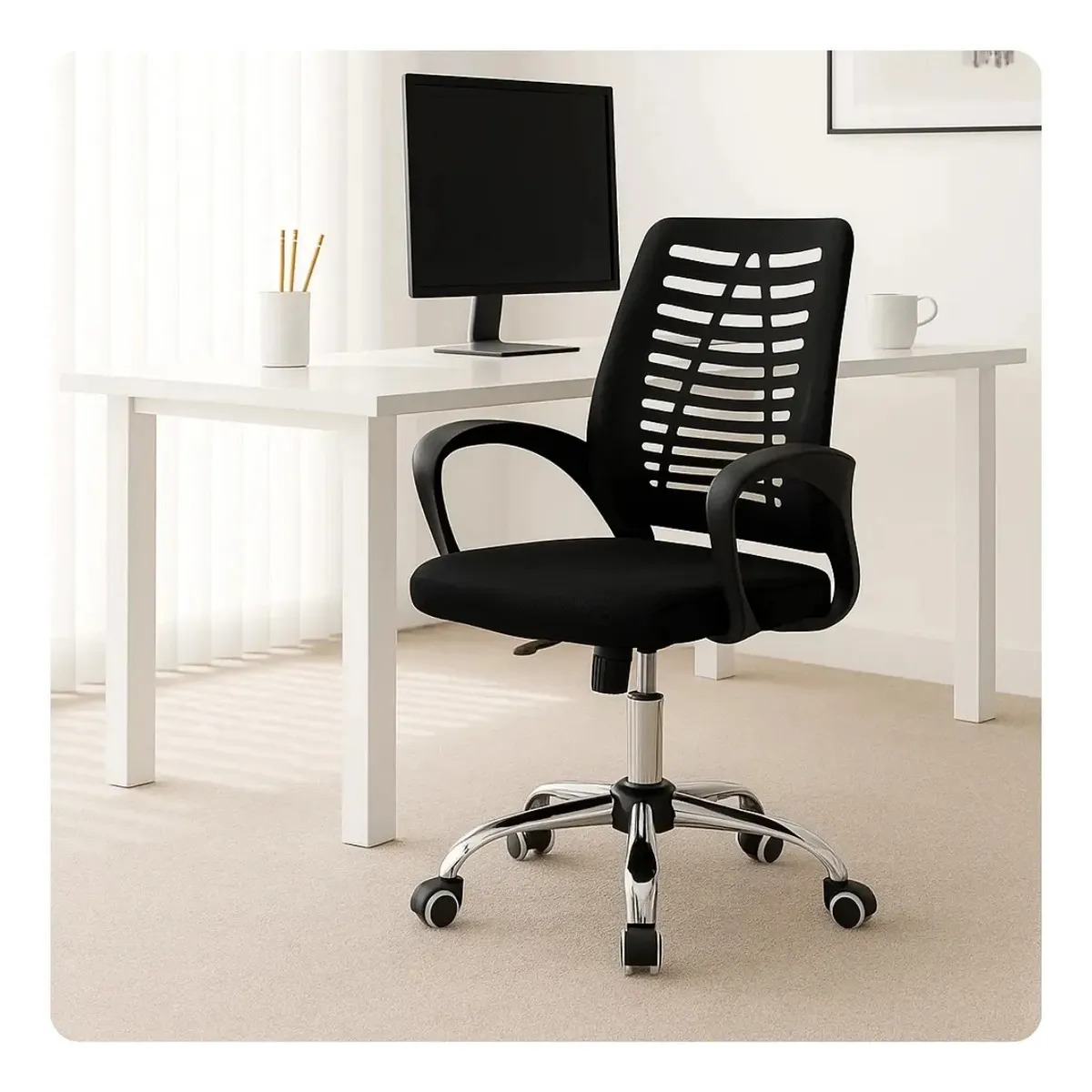 Cadeira Escritório MMI Ergonômica Preta Estrutura Metal Malha Braços Rodas