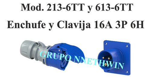 Enchufe Y Clavija Industrial, 16a 3p 6h Ip 44, 213 Y 613-6tt