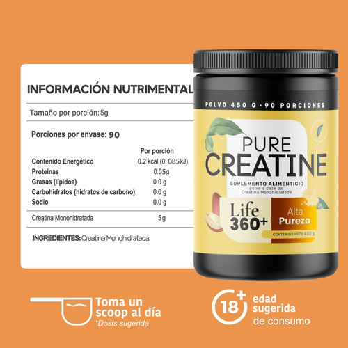 Imagen 5 de 6 de Polvo Creatina Monohidratada De 450g - Monohydrate Creatine Sabor 90 Porciones