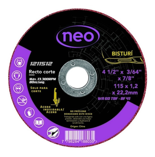 Disco De Corte 4-1/2  X 1.2mm. Metal/inox. (25 Uds.)  Neo 