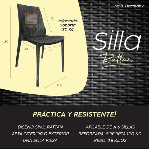Imagen 3 de 6 de Silla Ratan Plastica Reforzada Harmony Apilable Calidad X4