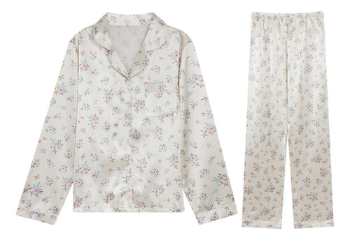 Pijama De Mujer Blanco Con Flores Mangas Largas De Seda