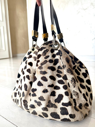 Cartera Bolso Prune Cuero Pony Animal Print Blanco Animal Plateado Negra (Usado)