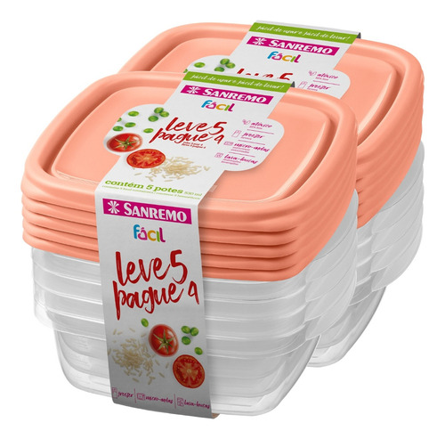 Kit 10 Potes Plástico Sanremo 530ml Leve 10 Pague 08 Cozinha Cor Coral-claro