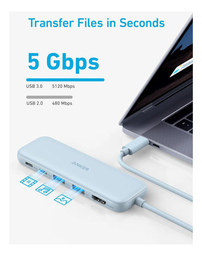 Conector Usb-c Anker 100w, 5 En 1, 3.0, 5 Gbps, Azul