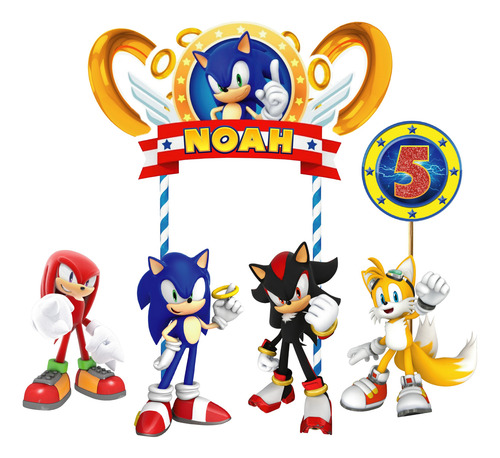 Topper Adorno Torta Feliz Cumple Sonic Anillos Personalizado Rojo Sonic