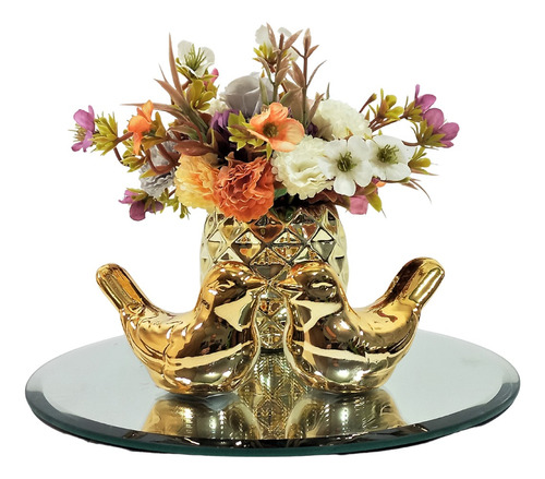 Decoração Sala Vasinho Com Flor Artificial, Bandeja Espelho Cor Dourado