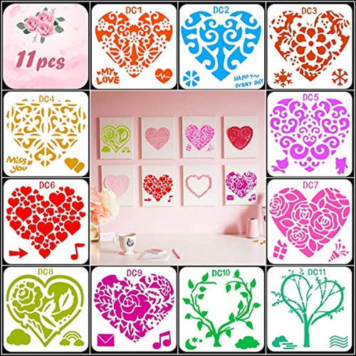 Howaf 11pcs Floral Lace Love Heart Tree Leaf Stencils Templa