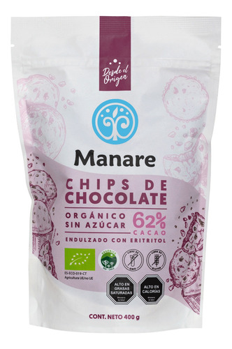 Chips De Chocolate Sin Azúcar 62% Cacao Orgánico - Manare