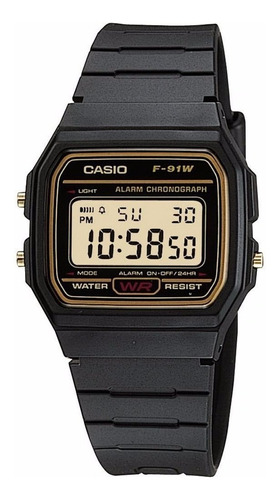 Imagen 1 de 3 de Reloj de pulsera Casio Collection F-91 de cuerpo color negro, digital, fondo dorado, con correa de resina color negro, dial negro, minutero/segundero negro, bisel color dorado y hebilla simple