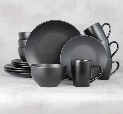 Vajilla Elegante Negro Mate Para 4 Personas 16 Piezas Liso