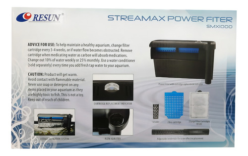 Filtro cascada Resun STREAMAX POWER FILTER SMX1000 60Hz con capacidad máxima de 288L, caudal máximo de 16.667l/min y potencia de 11W