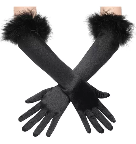 GUANTES NEGROS C/ PLUMAS 37CM