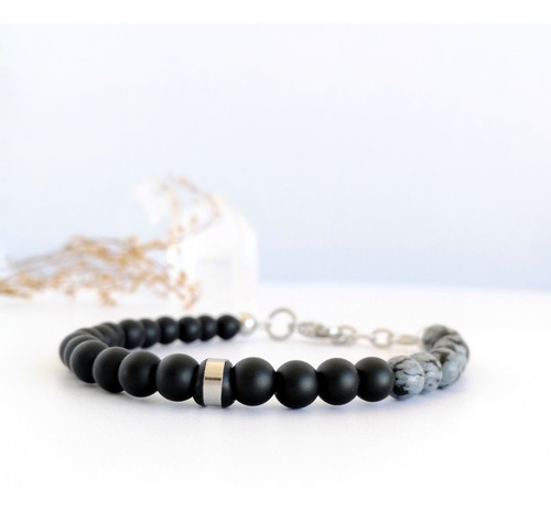 Pulsera Liberación Piedra Onix Mate Obsidiana Nevada Hombre Diámetro 20