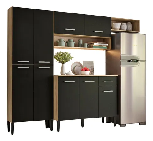 Cozinha Compacta Arizona Glam Com Armário E Balcão Carraro Cor Carvalho/Preto Menor preço em Cozinha Compacta Arizona Glam Com Armário E Balcão Carraro Cor Carvalho/Preto