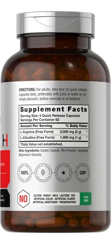 Suplemento Horbäach L-arginina L-citrulina 3000 Mg 250 Cápsu