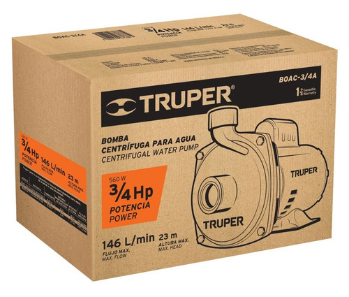 Imagen 2 de 4 de Bomba Centrifuga 3/4 Hp 110-220v 23mts 143 Lpm Truper 100389 Frecuencia 60hz Color Naranja