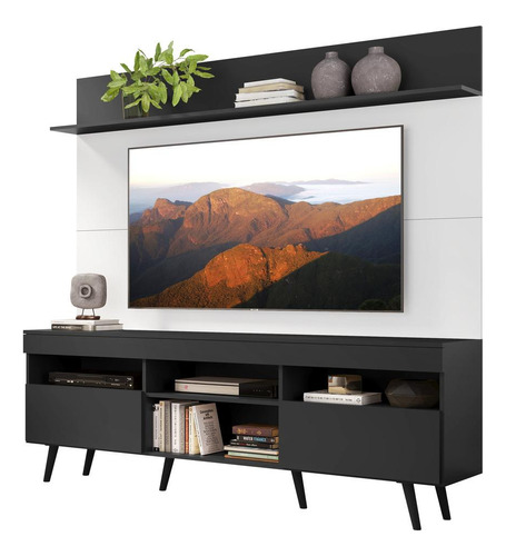 Rack Retrô Com Painel Tv 65  Madri Multimóveis V3371 Pr Cor Preto/Branco/Preto