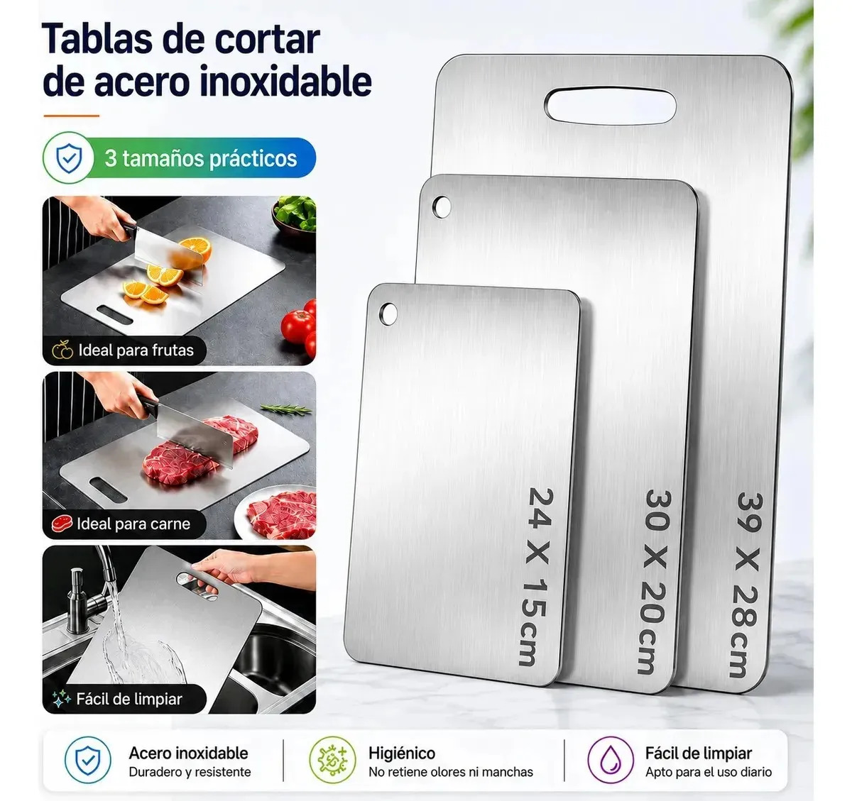 Pack de 3 Tablas para Cortar de Acero Inoxidable, Ideales para Cocina y Restaurante