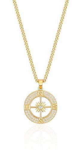 Collar - 18k Gold Cuban Chain Compass Pendant Necklace With 