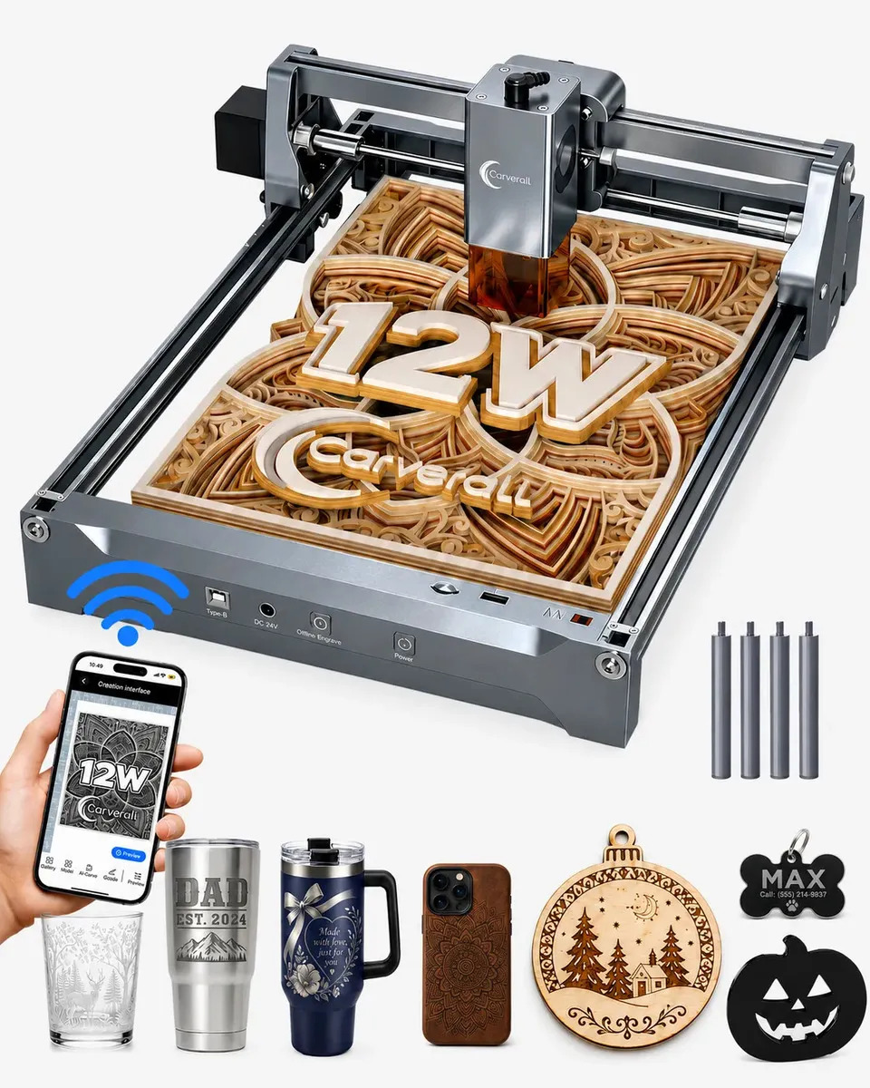 Máquina de Gravação e Corte a Laser Carverall K15Pro 12W com Wi-Fi e App para Madeira, Metal e Acrílico