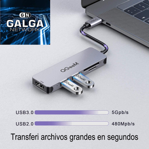Imagen 5 de 10 de Adaptador Hub Qgeem 5 En 1 Usb C Hdmi 4k Usb 3.0 Sd Micro Sd