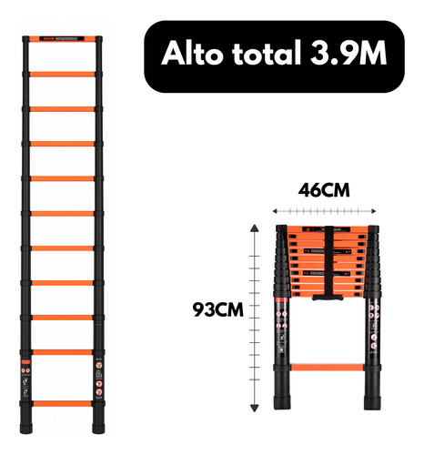 Escalera 3.9 Mt Telescópica 10 Escalones Liviana Compacta Negro