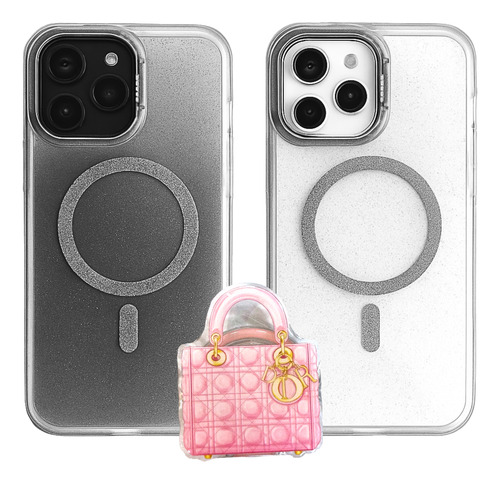 Soporte + Funda Celular Magsafe Glitter Combo P/ Ip 14 Y 15 Blanco Dior Bolso