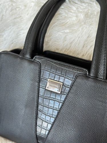 Cartera Baul Importada Semi Rigida Croco Divisiones Mediana Negro Tramado Níquel Negro