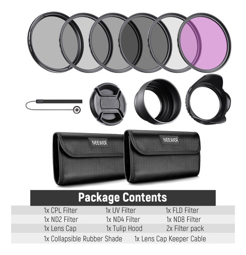 Neewer Kit de Filtro de Lente ND de 49 mm UV CPL Polarización Circular FLD ND2 ND4 ND8 Parasol de Lente y Tapa de Lente Compatible con cámaras DSLR Canon Nikon Sony Panasonic