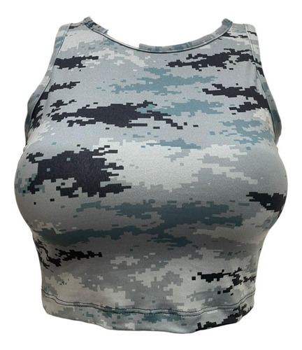 Crop Top Tirantes Gruesos Print Camuflaje Gris Y Azúl