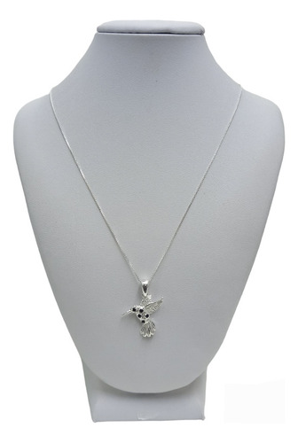 Collar Colgante Colibrí Circon Negro En Plata 925 Mas Caja